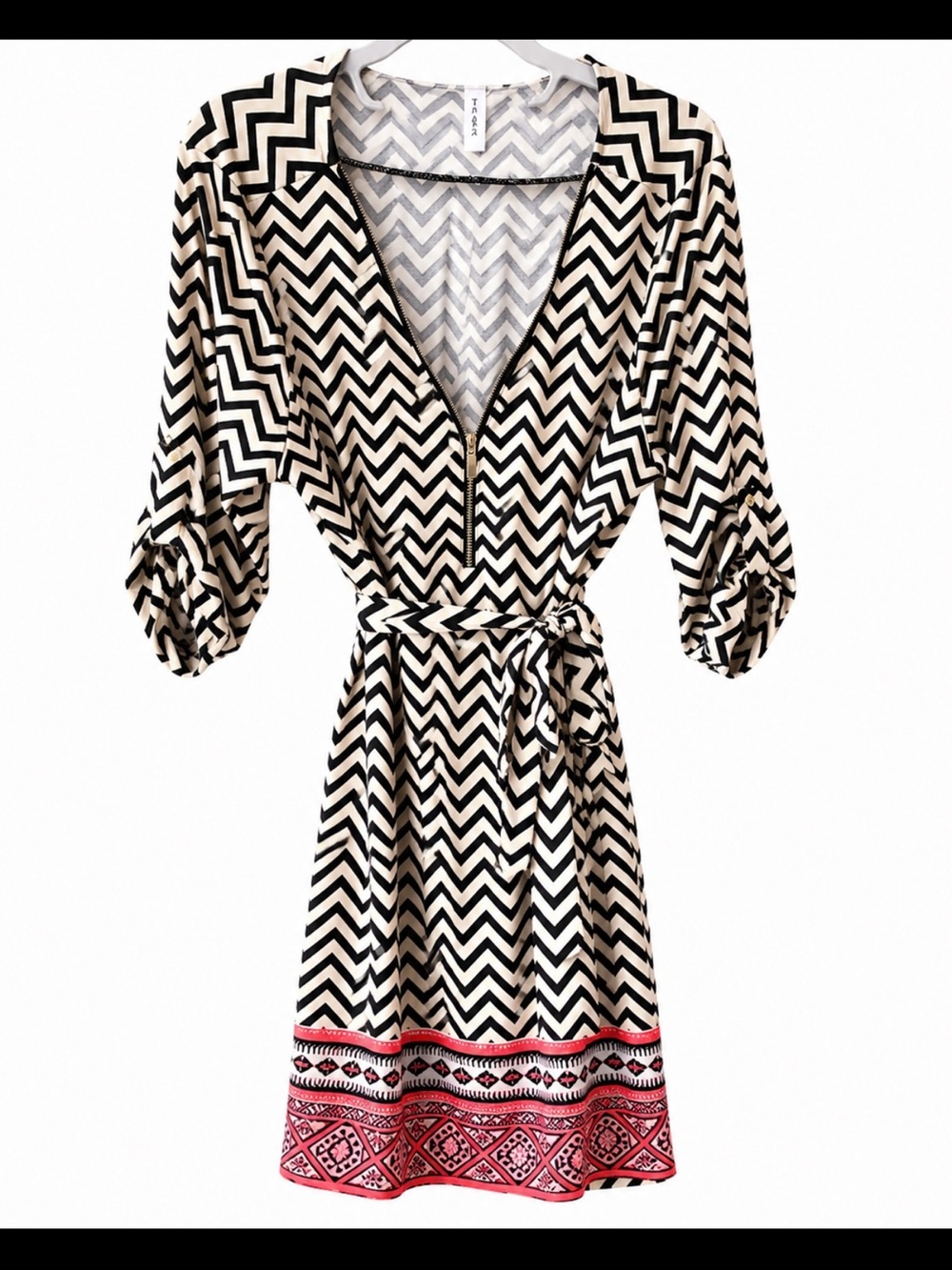 Tacera Chevron Wrap Dress in Black and Cream with Pink Tint